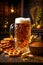 A steamed mug of fresh beer and bread on a wooden table