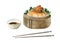 Steamed rice with beef meat and bok choy leaves in a bamboo steamer, sauce bowl, chopsticks. Asian food illustration