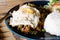 Steamed rice and Fried Egg , Sunny up with stir-fried pork and basil