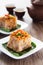 Steamed Yam Cake with Ground Deep-Fried Dried Shrimps Toppings. Chinese Cuisine