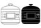 Steamer icons in outline and glyph style. Original electric food steamer or double boiler. Domestic kitchen steamcooker appliances