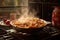 steaming apple pie on cooling rack, kitchen setting