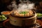 steaming bamboo basket with fresh dim sum inside