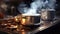 Steaming and boiling pan of water on modern heating stove in kitchen on the background of open balcony. Boiling with steam emitted