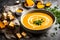 A steaming bowl of creamy butternut squash soup, garnished with fresh herbs,