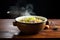 steaming bowl of gumbo on a dark wooden table