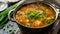 Steaming bowl of miso soup with finely chopped green onions. Asian cuisine. Menu, magazine, cookbook photo