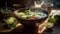 Steaming Bowl of Pho with Vibrant Condiments on Rustic Table