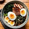 A steaming bowl of ramen noodles topped with slices of tender pork belly, soft-boiled egg, and nori