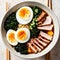 A steaming bowl of ramen noodles topped with slices of tender pork belly, soft-boiled egg, and nori