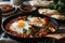 steaming bowl of Shakshuka topped with a dollop of tangy labneh and sprinkled with zaatar seasoning