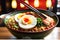 A steaming bowl of spicy ramen noodles perfectly coiled, topped with a soft-boiled egg glistening with savory goodness