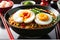 A steaming bowl of spicy ramen noodles perfectly coiled, topped with a soft-boiled egg glistening with savory goodness