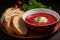 Steaming bowl of traditional Ukrainian borscht. Generative AI