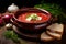 Steaming bowl of traditional Ukrainian borscht. Generative AI