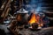 steaming chai tea in a rustic kettle over crackling campfire