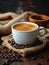 Steaming Coffee Cup with Beans on Rustic Background. Generative ai