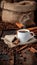 Steaming coffee cup with fragrant cinnamon and coffee beans for a delightful aroma