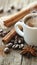 Steaming coffee cup with fragrant cinnamon and roasted coffee beans for a delightful aroma