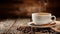 Steaming coffee cup with fragrant cinnamon and roasted coffee beans for a delightful aroma