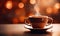 A steaming coffee cup on a saucer placed on a table with a warm, cozy cafe atmosphere and soft bokeh lights