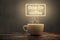 Steaming coffee cup under a glowing `time for coffee` sign