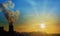 Steaming cooling tower of the combined heat and power plant, with the glowing sun in the background