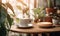 A steaming cup of coffee with a pie on a wooden table, surrounded by plants, exuding a cozy and homely atmosphere
