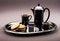 A steaming cup of coffee sits on a silver tray in the center of the room, reflecting elegance and sophistication