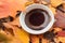 A steaming cup of coffee surrounded by a vibrant array of autumn leaves coffee day generated Ai