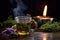 a steaming cup of herbal tea near a burning candle