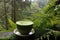 steaming cup of matcha tea surrounded by nature