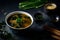 A steaming cup of miso soup with tofu and seaweed floating on the surface