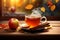 A steaming cup of spiced apple cider on a rustic table vector fall background