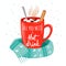 Steaming cup, wrapped scarf with Christmas drawing, of delicious hot chocolate with marshmallows, cinnamon and text