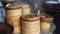 Steaming dim sum bamboo container tier stack Chinese cantonese famous food