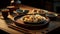 Steaming Dumplings on Wooden Board in Dimly Lit Asian Restaurant