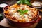 steaming hot bowl of baked ziti with delicious tomato sauce, mozzarella cheese, and meatballs, topped with fresh basil