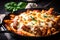 steaming hot bowl of baked ziti with delicious tomato sauce, mozzarella cheese, and meatballs, topped with fresh basil