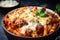 steaming hot bowl of baked ziti with delicious tomato sauce, mozzarella cheese, and meatballs, topped with fresh basil