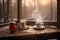 steaming hot cocoa on a cabin porch table