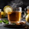 steaming hot lemon tea, with droplets of water.