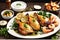 A steaming platter of various non-vegetarian cuisine, succulent roasted chicken thigh glistening with savory perfection