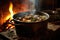 steaming pot of stew on a rustic wood-burning stove