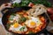 Steaming Shakshuka served in a cast-iron skillet with a crusty slice of bread and garnished with fresh herbs