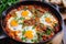 Steaming Shakshuka served in a cast-iron skillet with a crusty slice of bread and garnished with fresh herbs