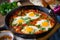 Steaming Shakshuka served in a cast-iron skillet with a crusty slice of bread and garnished with fresh herbs