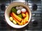 Steaming vegetables with egg, carrot, potato and chayote, vegetable concept