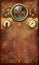 Steampunk aged metal background with steam gauges and retro clock  illustration