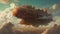 Steampunk airship in the clouds. Fantasy concept , Illustration painting